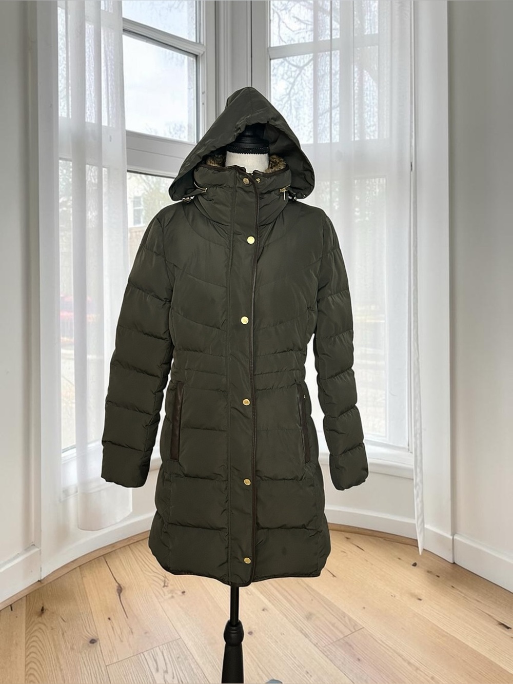 Cole Haan Signature Olive Green Down Puffer Hooded Jacket with Faux-Fur Medium - Picture 4 of 15